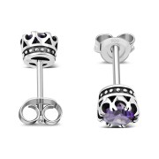 Vintage Royal Crown Celtic Amethyst CZ Sterling Silver Stud Earrings - e455